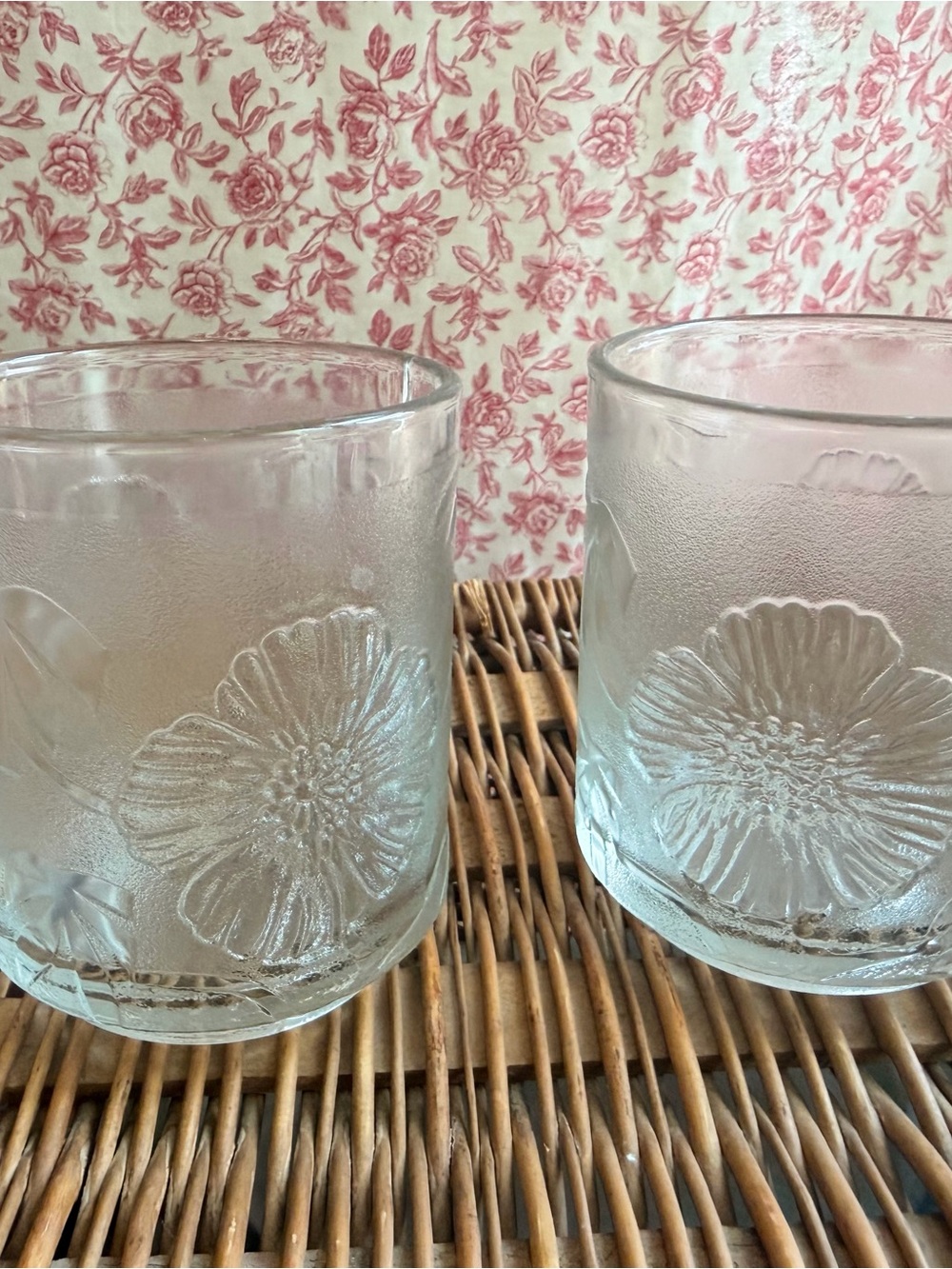 Vintage Set of 2 Clear Floral Embossed Glass Mugs